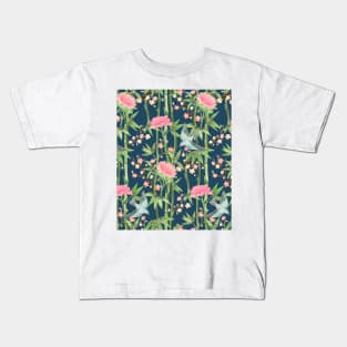 Bamboo, Birds and Blossom - dark teal Kids T-Shirt